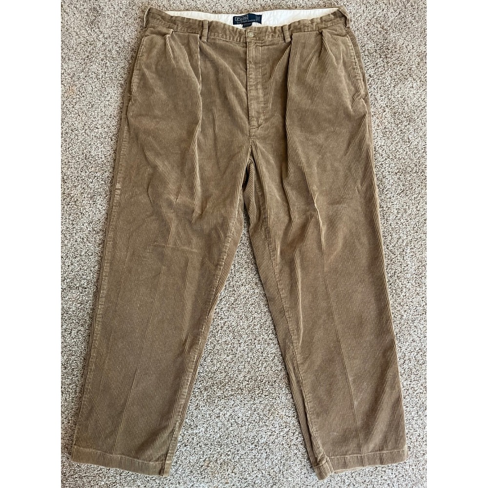 VTG 90s Polo Ralph Lauren Mens Andrew Pant 40x30 Brown Pleated Corduroy Trousers